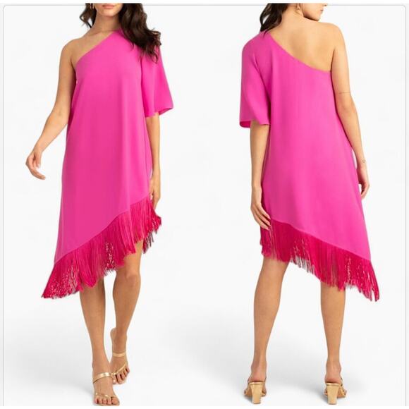 Trina Turk Gull Dress One Shoulder Mini Fringe Pink Snap Dragon Size Large - Picture 1 of 11
